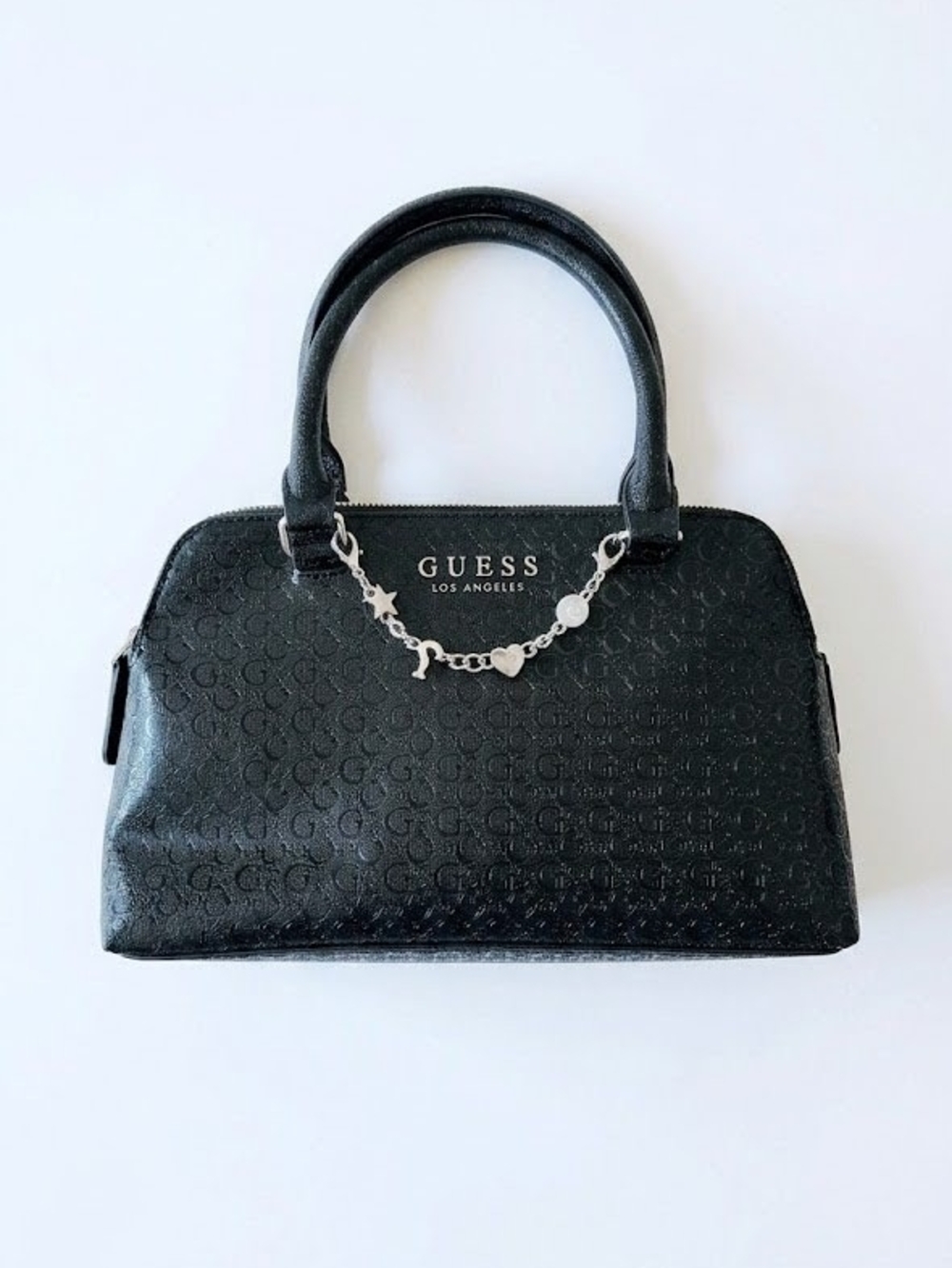 GUESS Black Embossed Silver Charm Hand Bag